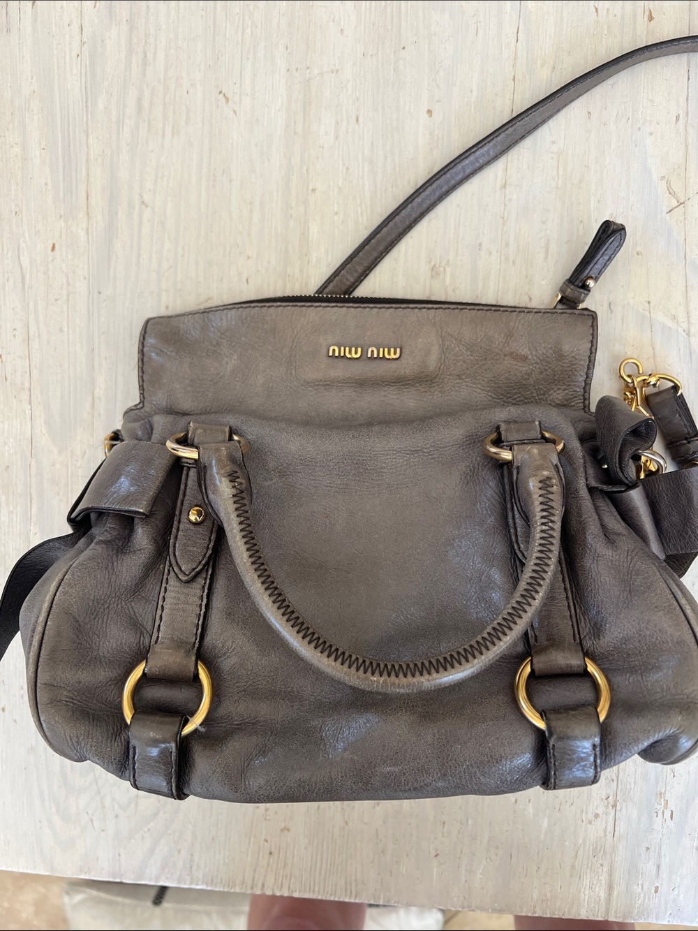 Miu Miu Gray Leather Shoulder Bag with Gold Hardware